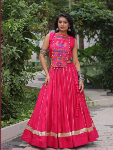 Pink Roman Silk Lehenga with Mirror Work and Gota Lace